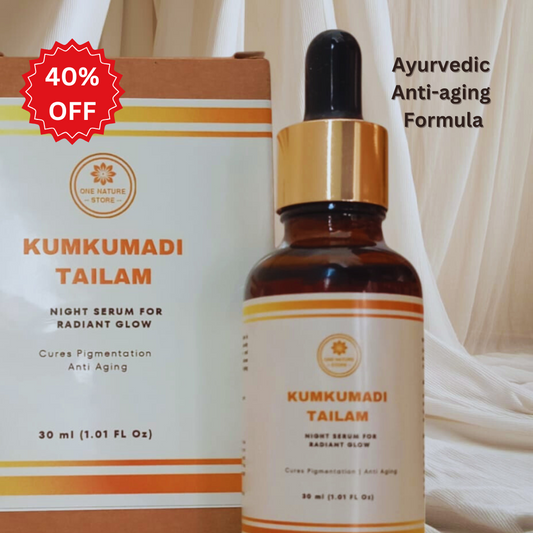 30 ml bottle of kumkumadi oil with golden cap and eco-friendly box at 40% off